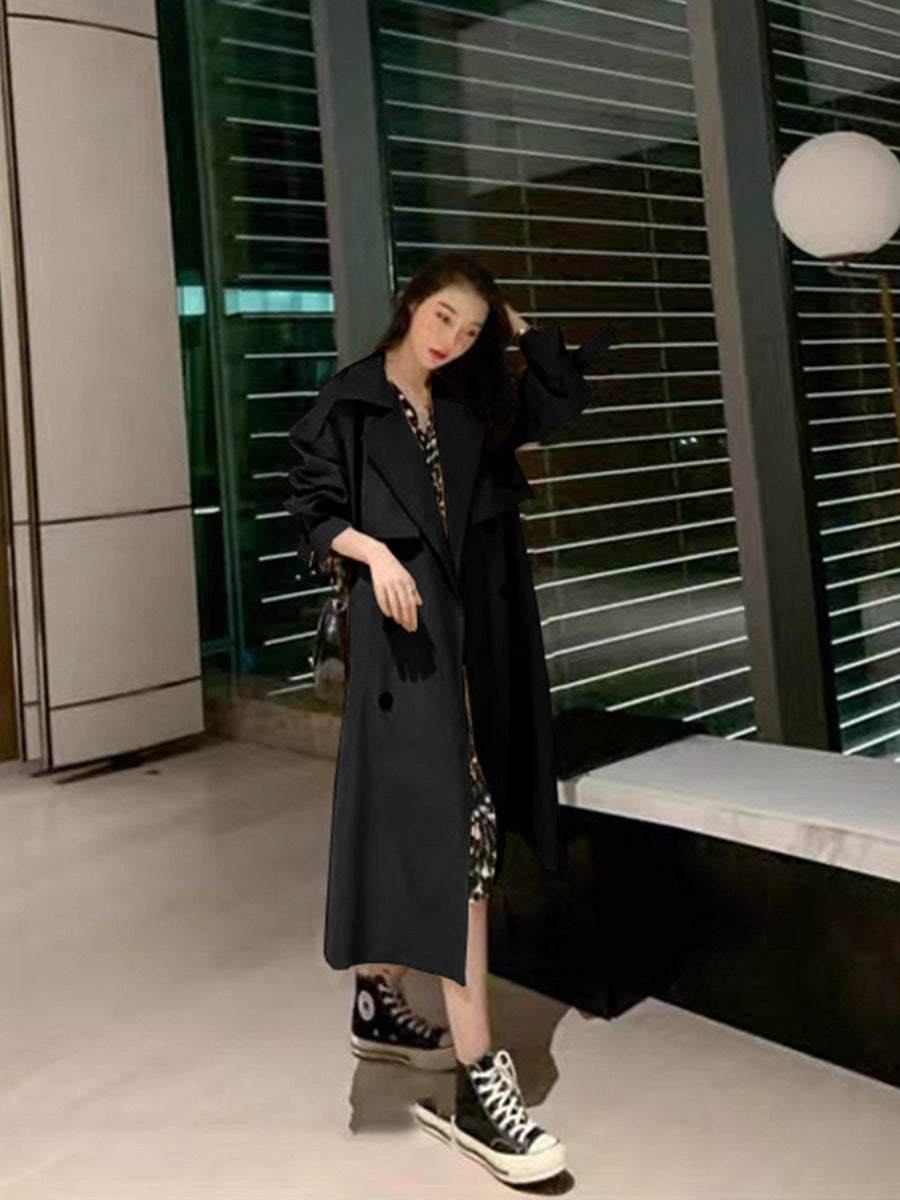 Khaki Double Breasted Loose Coat with Waist Belt