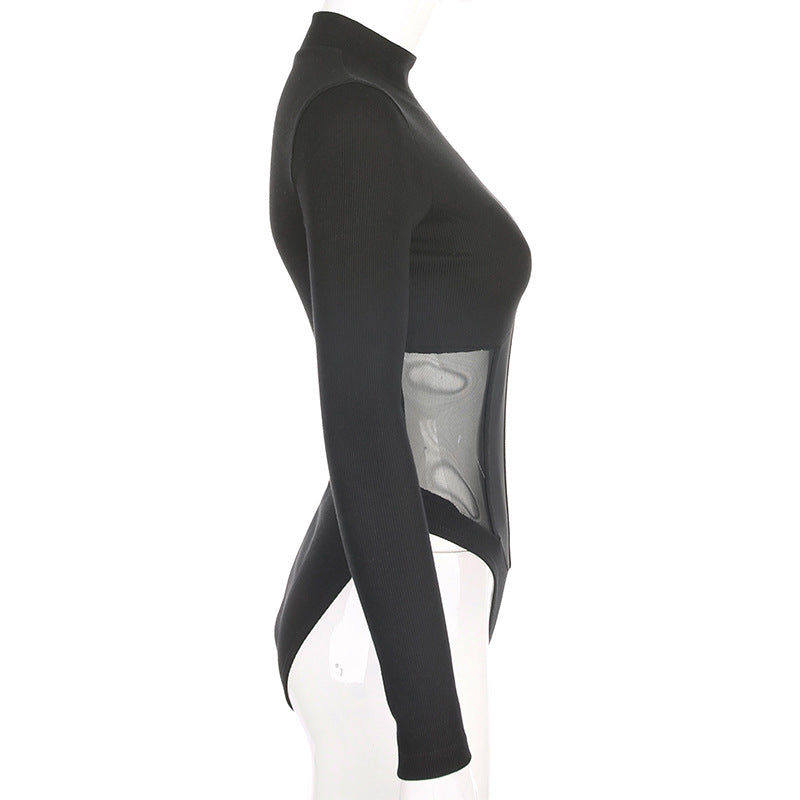 2019 Women's High Neck Sheer Bodysuit with Panels