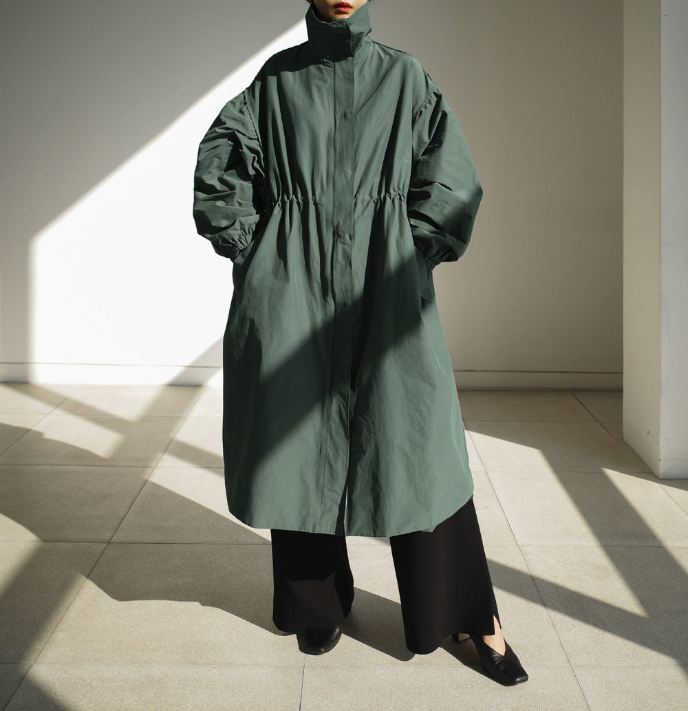 Korean Style Long Windbreaker with Drawstring Waist