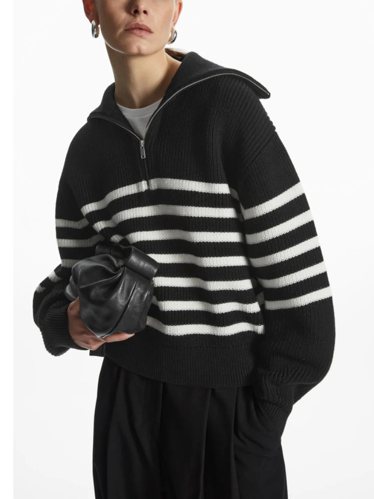 Women's Striped Turtleneck Pullover with Half Zipper | Streetwear