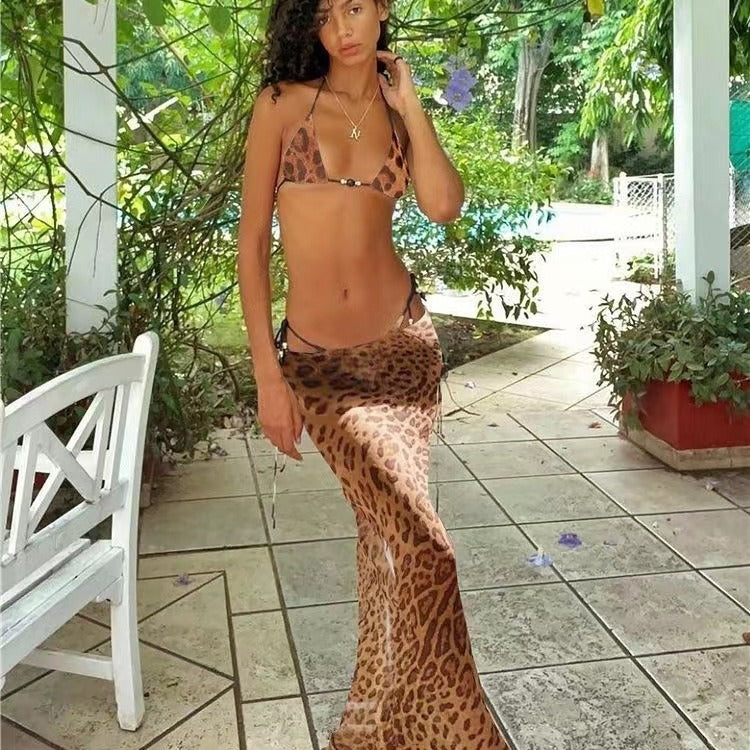 Leopard Print Bikini with Wrap Skirt Set