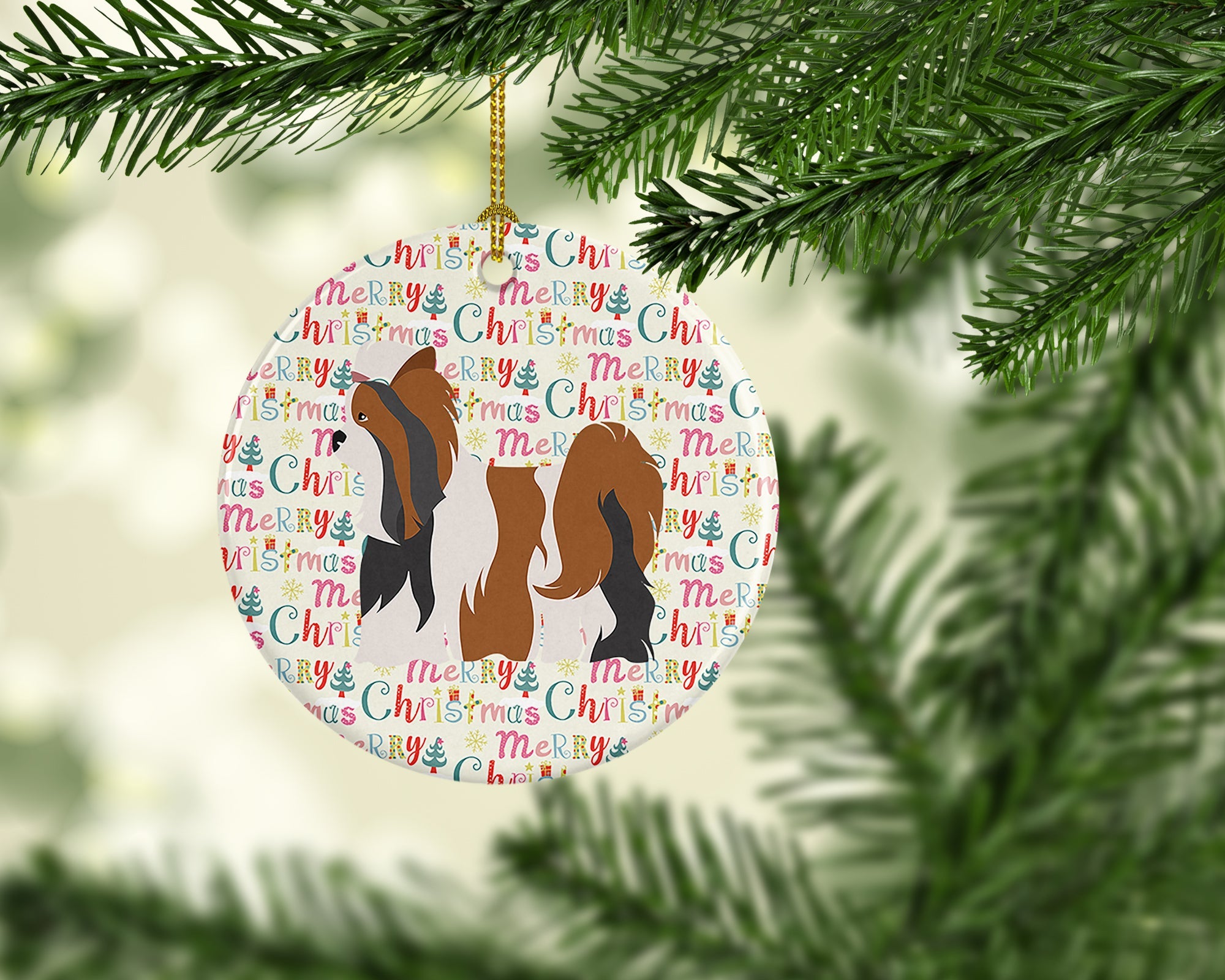Biewer Terrier Merry Christmas Ceramic Ornament