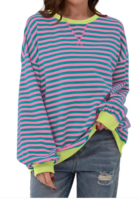 Loose Striped Long Sleeve T-shirt Casual Pullover Sweater For Womens Clothing | Streetwear