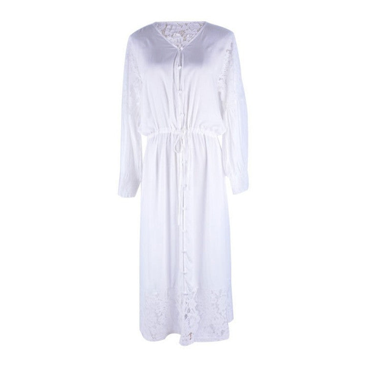 Cotton Lace Button Beach Cover-Up Dress
