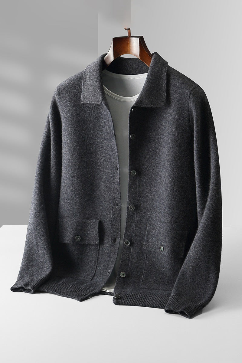 Men's Retro Wool Polo Cardigan with Pockets