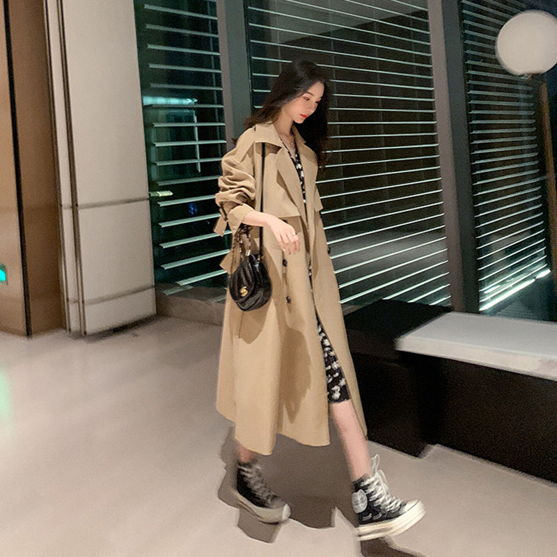 Khaki Double Breasted Loose Coat with Waist Belt