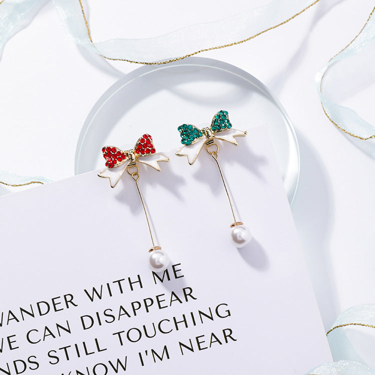 Silver Christmas Pearl Bow Earrings with Tassels