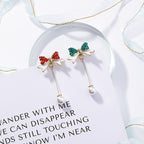 Silver Christmas Pearl Bow Earrings with Tassels