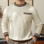 Men's Striped Knitted Round Neck Sweater with Pocket