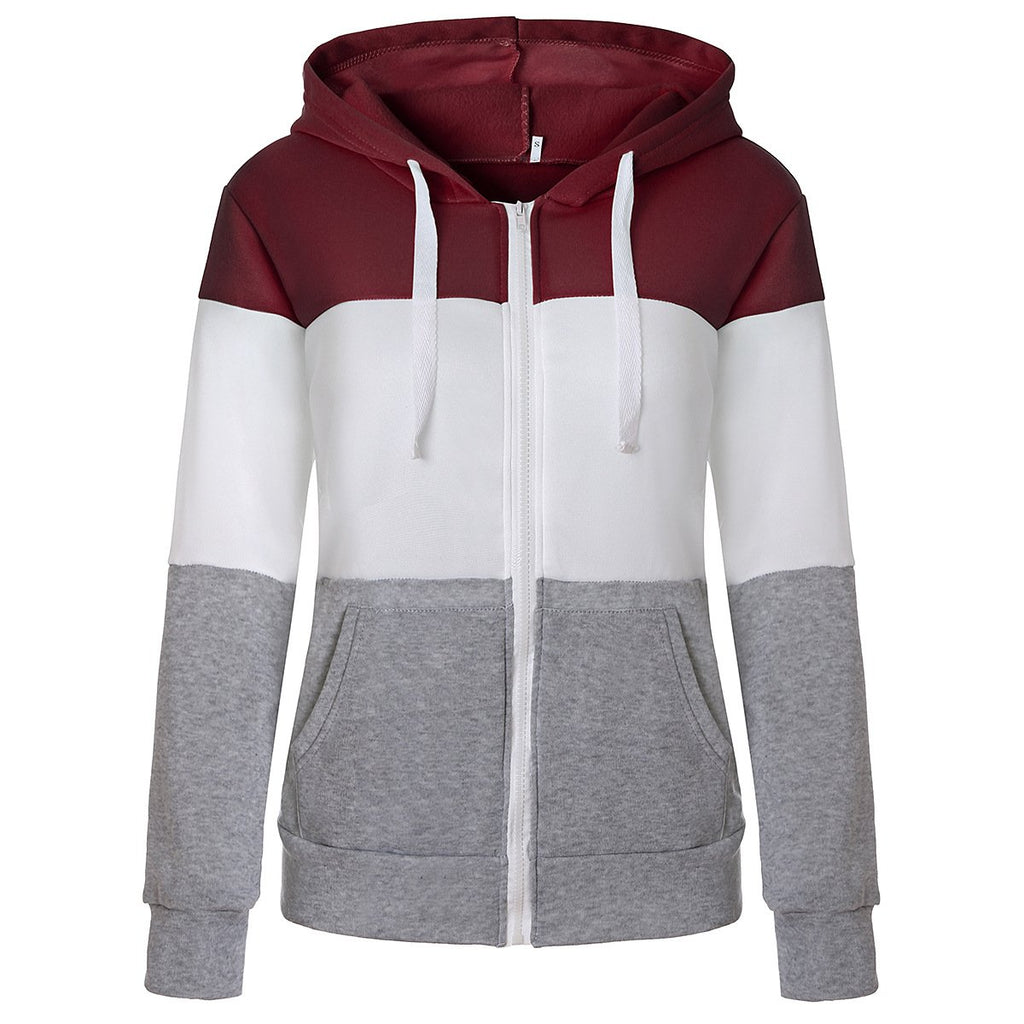 Three-Color Stitching Slim-Fit Hooded Cardigan for Women