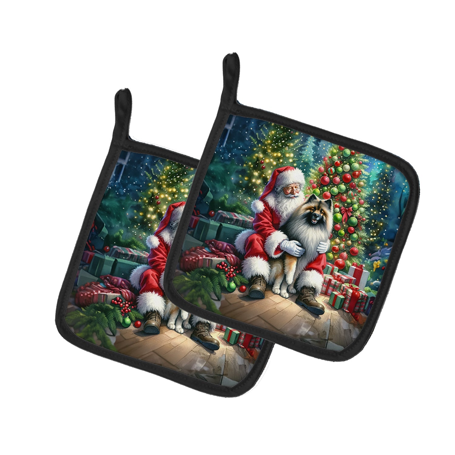Keeshond and Santa Claus Pair of Pot Holders