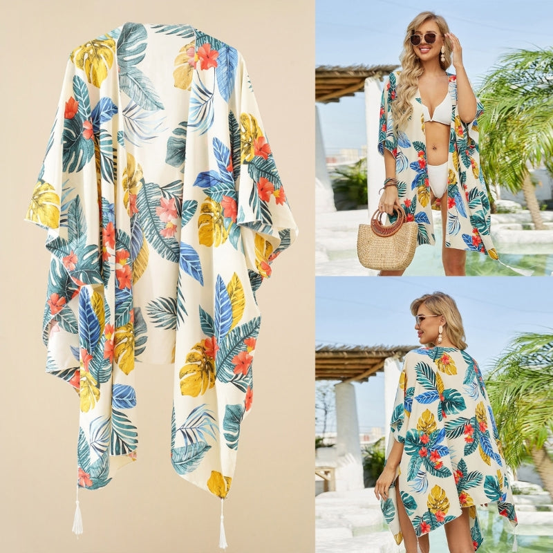 Floral Print Kimono Cardigan with Tassels for Summer