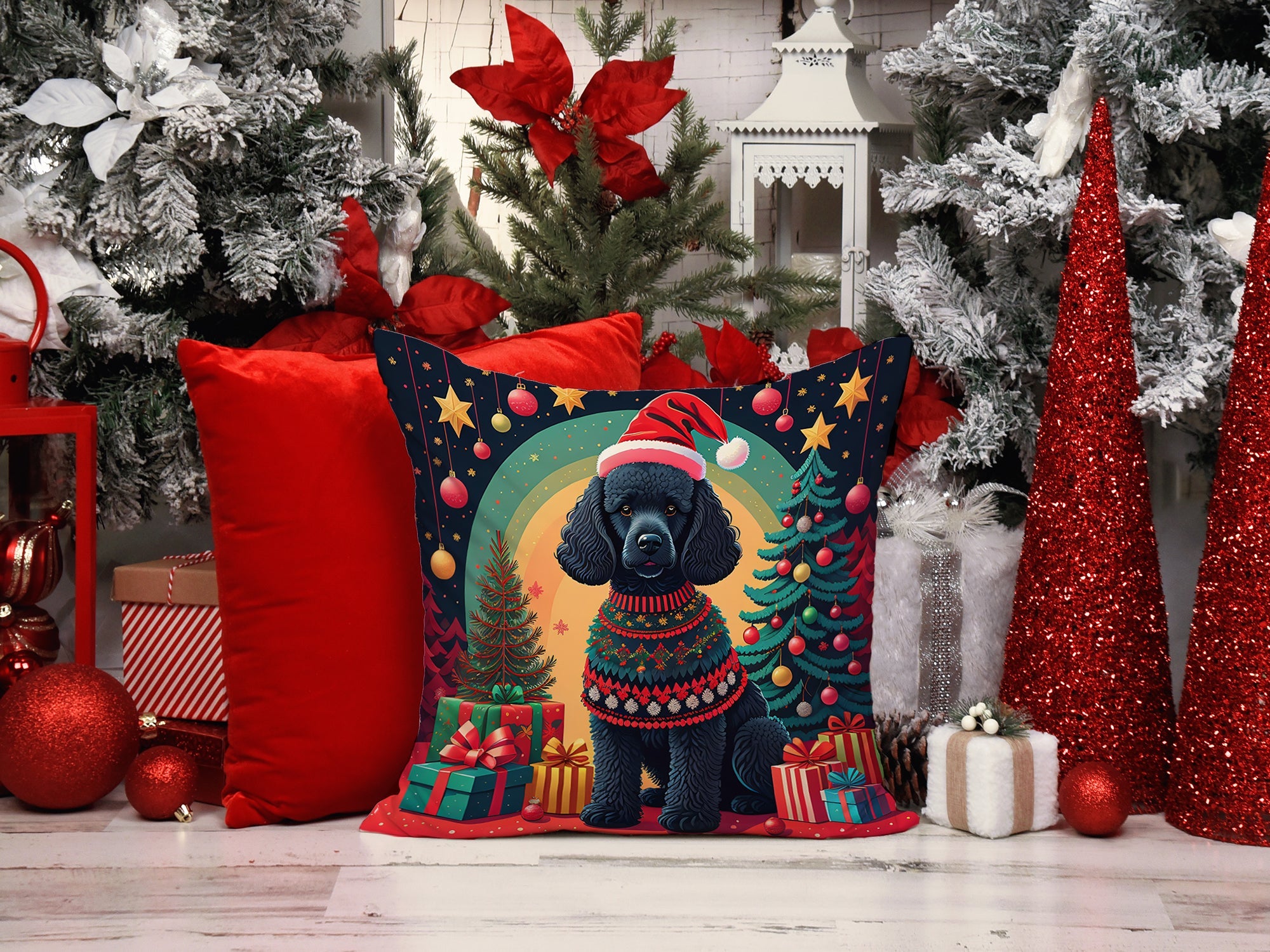 Black Poodle Christmas Throw Pillow