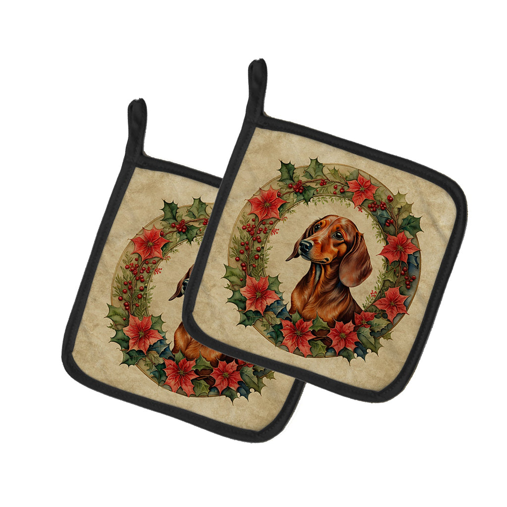 Dachshund Christmas Flowers Pair of Pot Holders