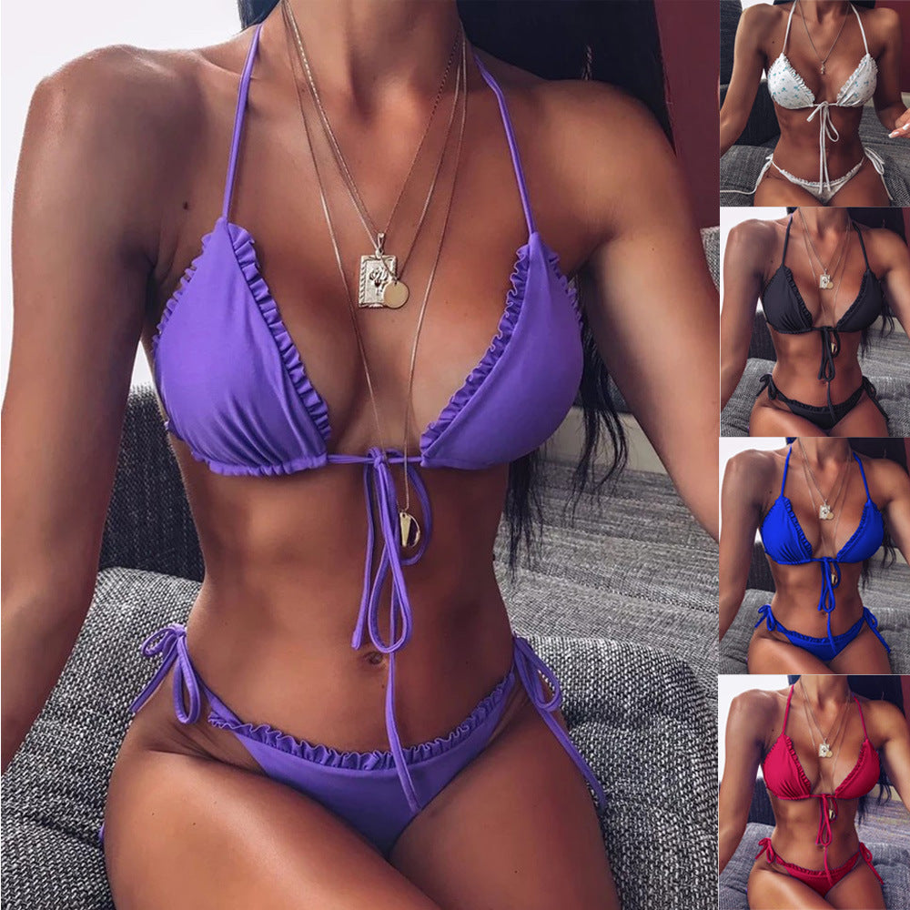 Ruffled Print Triangle Bikini - Reversible Swimwear
