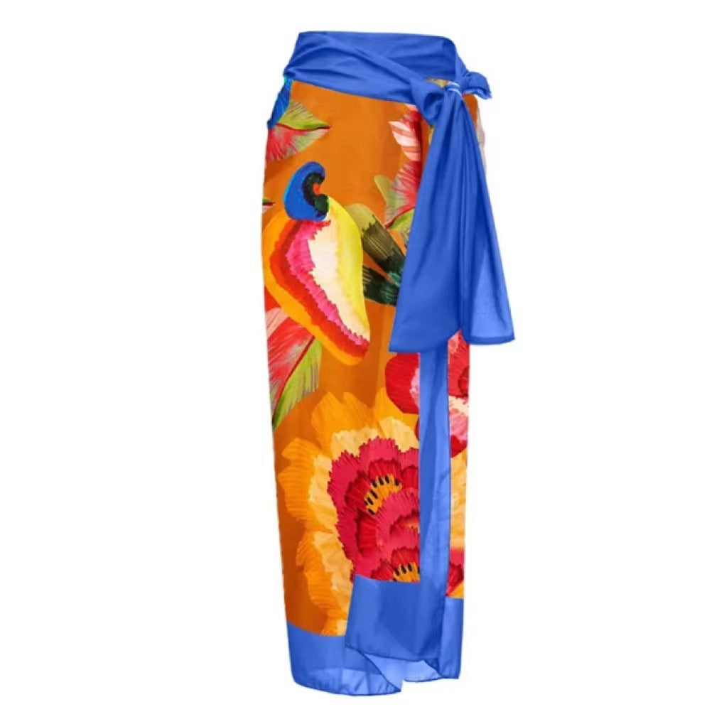 Retro Bird Print Two-Piece Swimsuit with Cover-Up