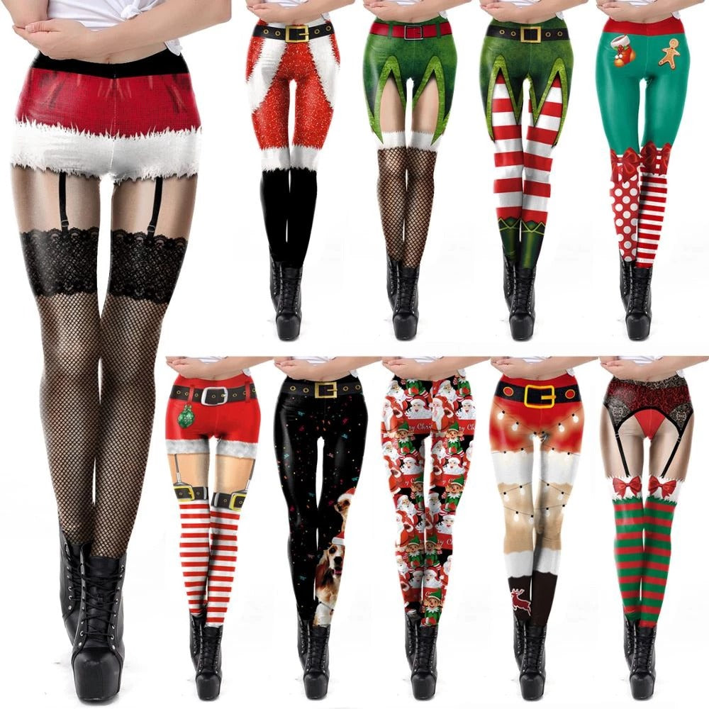 Digital Print Slim-Fit Leggings for Christmas Party