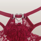 Wine Red Heart-Shaped Buckle Lace Thong Panties