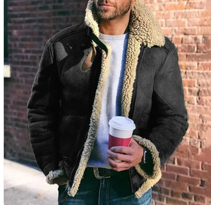 Fur-Trimmed Short Belted Coat with Large Lapel for Men