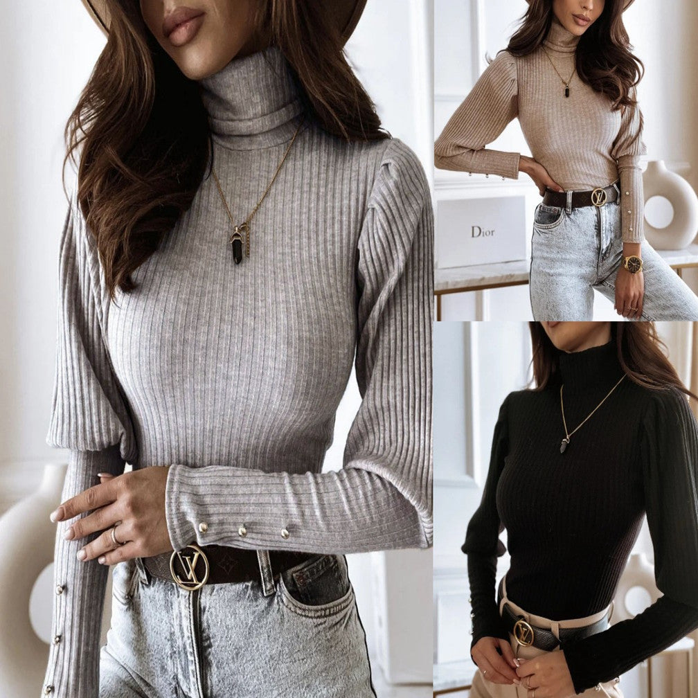 Women's High Collar Pullover Sweater with Pile Design | Streetwear