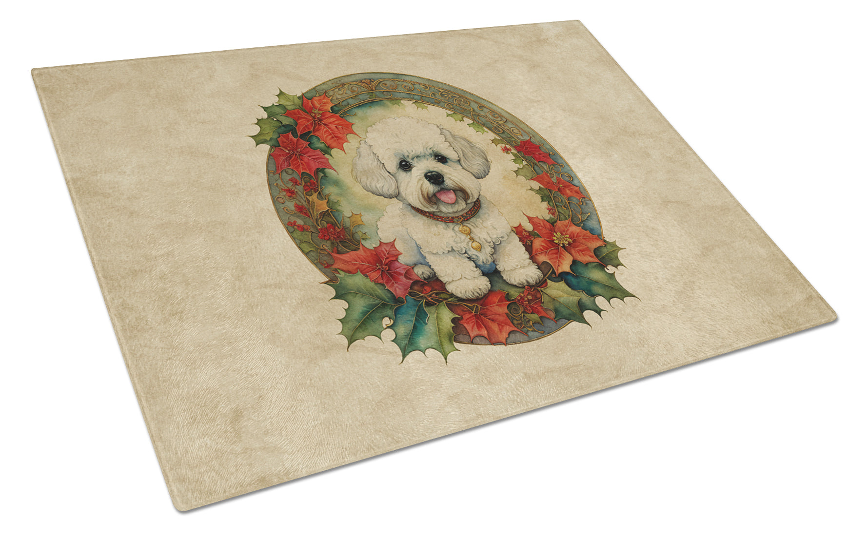 Bichon Frise Christmas Flowers Glass Cutting Board