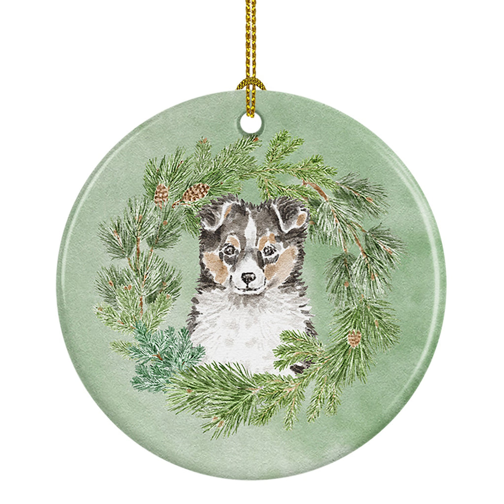 Sheltie/Shetland Sheepdog Puppy Tricolor Christmas Wreath Ceramic Ornament
