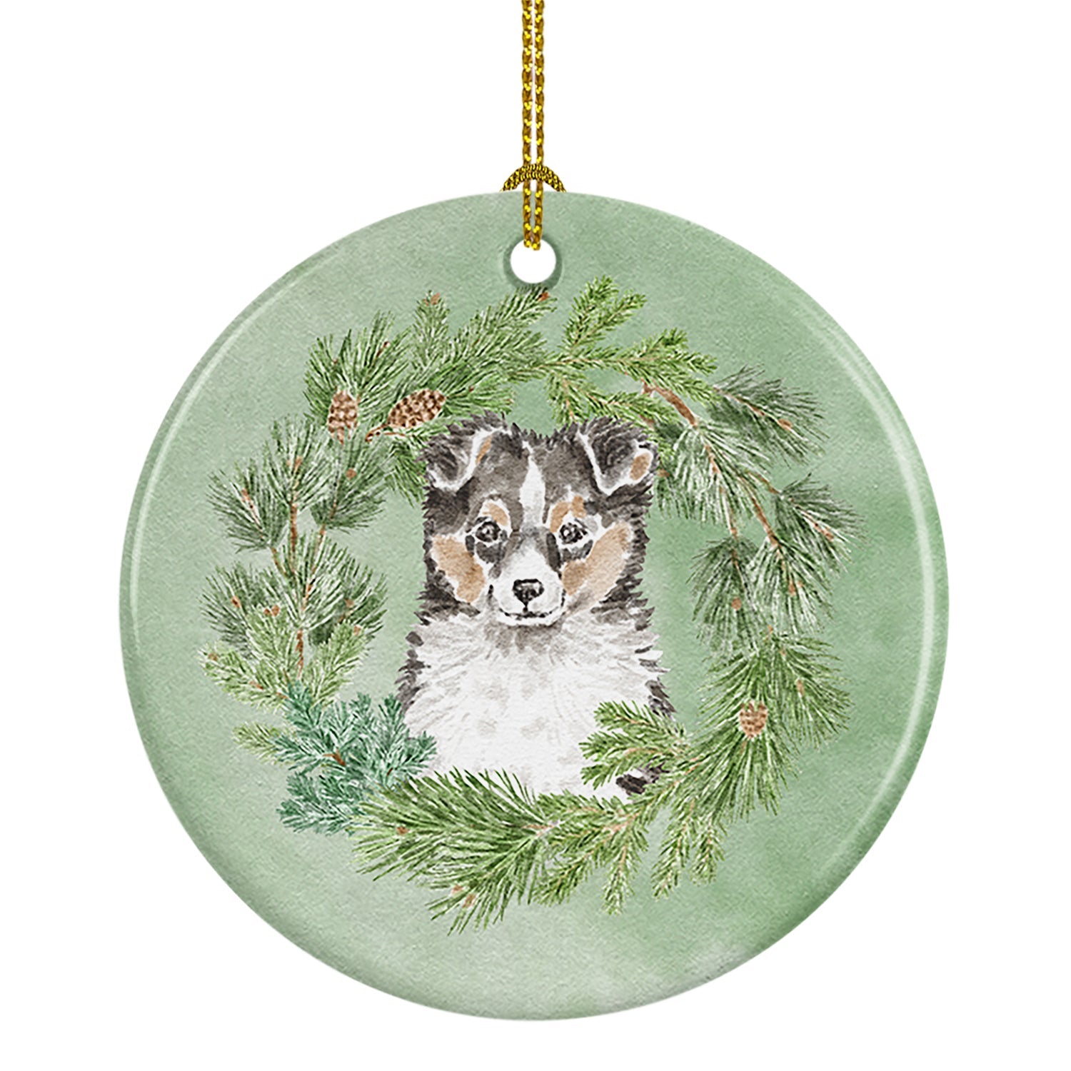 Sheltie/Shetland Sheepdog Puppy Tricolor Christmas Wreath Ceramic Ornament