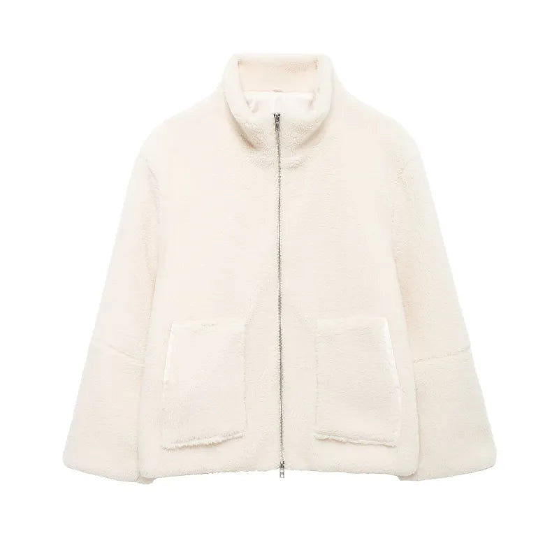 Women's Stand Collar Zipper Lamb Wool Coat