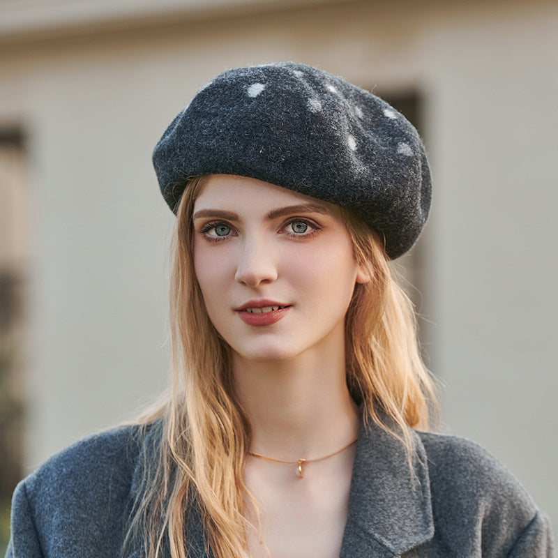 Polka Dot Wool Beret Hat for Women and Girls | Embroidered Cap