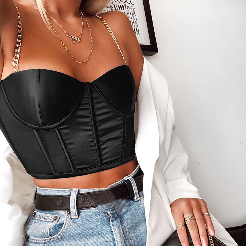 Fashionable Chain Strap Solid Color Crop Tank Top