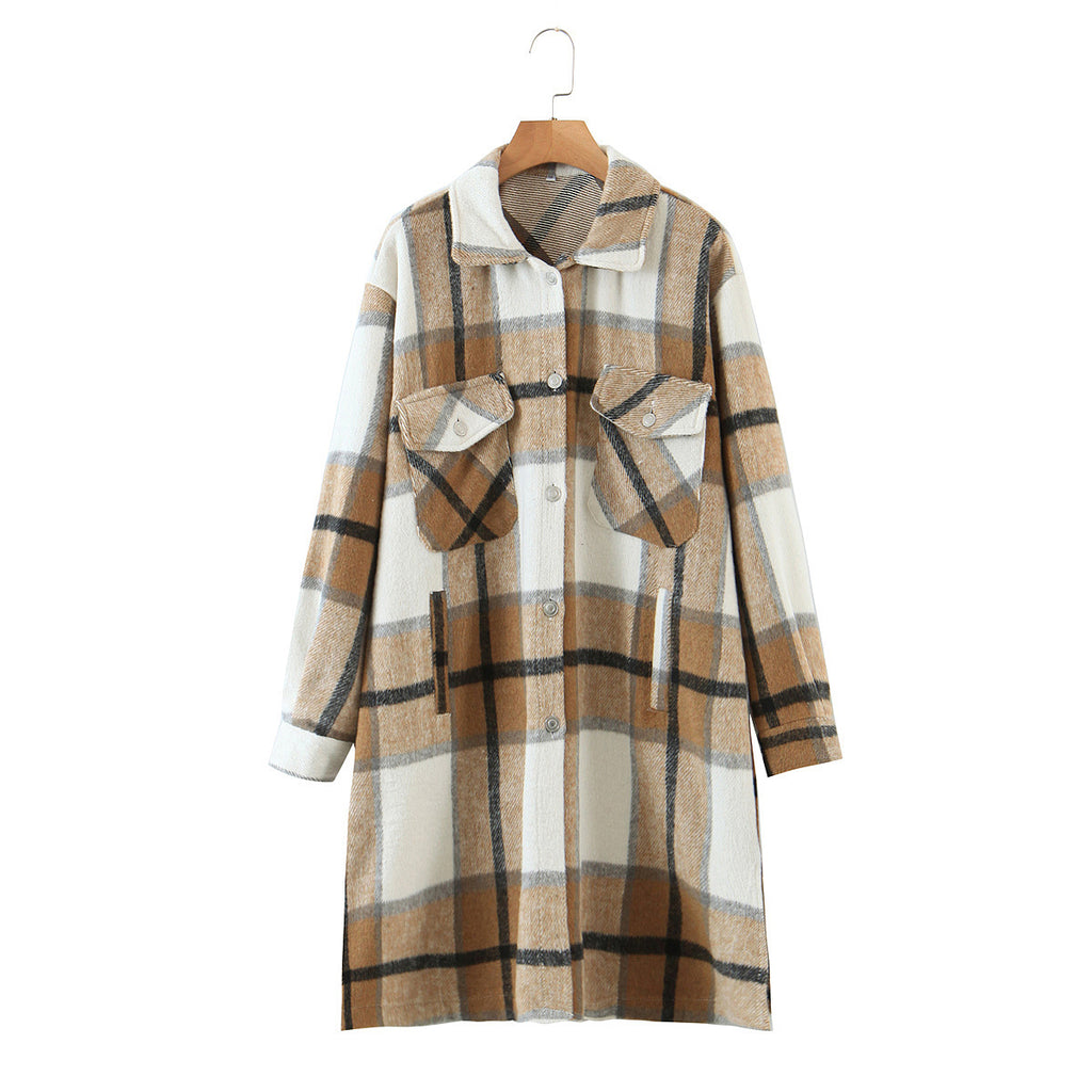 Tweed Plaid Pocket Long Windbreaker Jacket