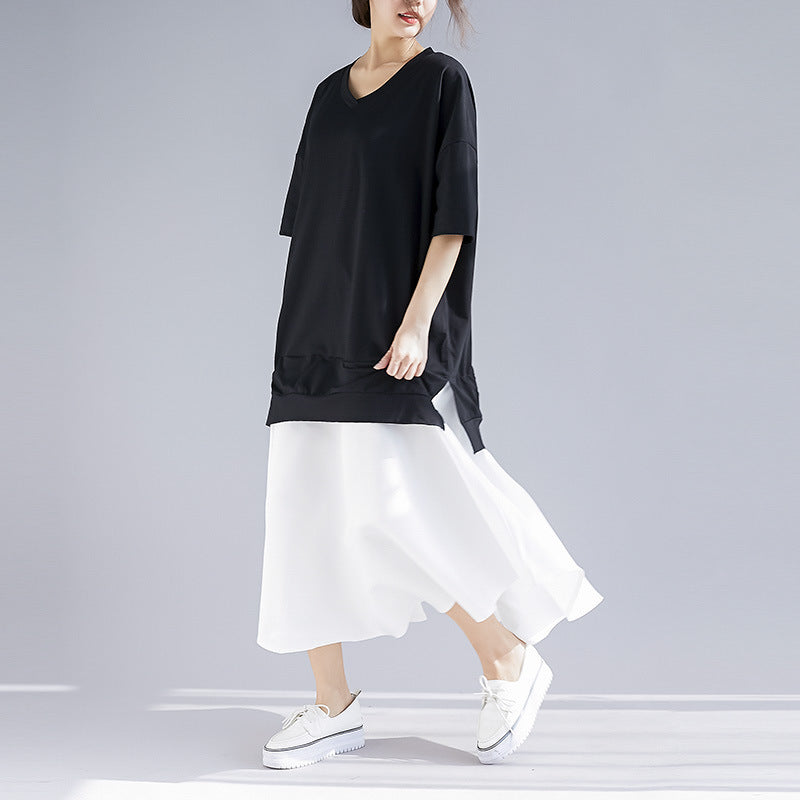 Women's V-Neck Color Block Midi Dress (Two-Piece)