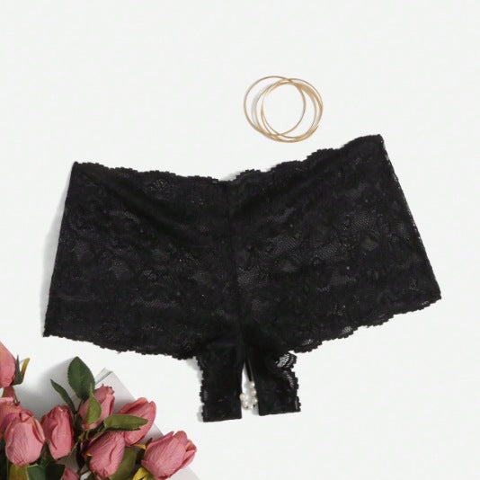 Lace Trim Open-Crotch Women's Lingerie with Pearls