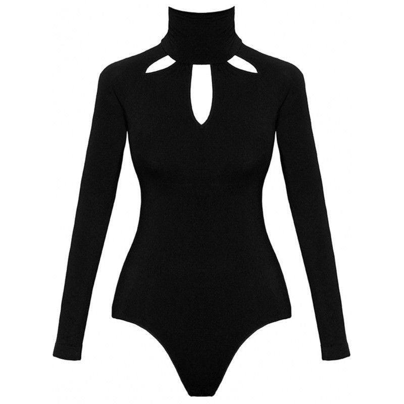 Black Hollow Long Sleeve Bodysuit - Slim Fit Sexy Design