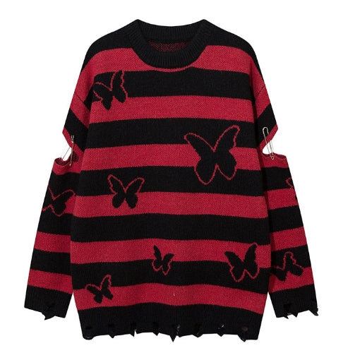 Striped Colorblock Butterfly Round Neck Sweater