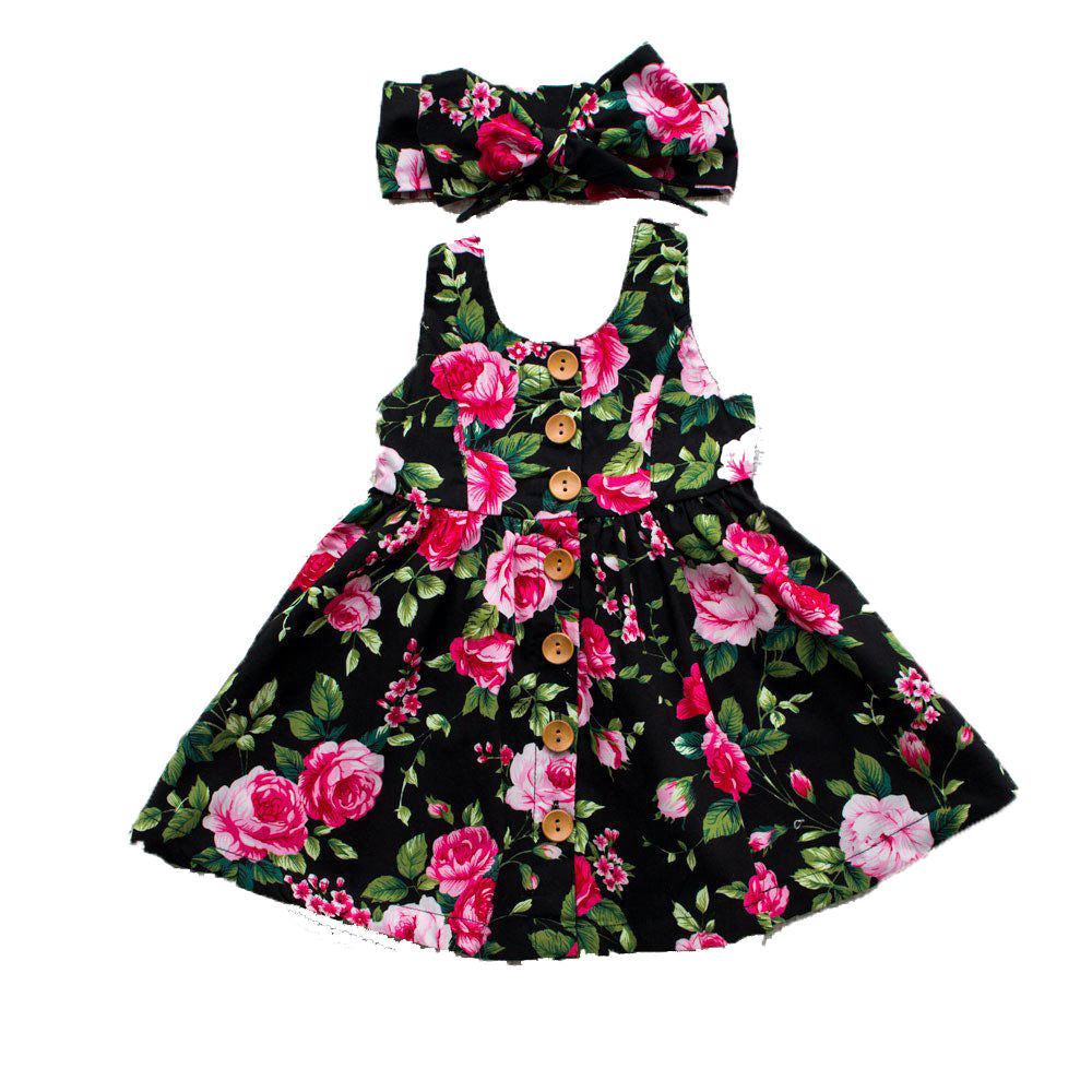 Summer Floral Dress for Toddler Girls with Bow Headband