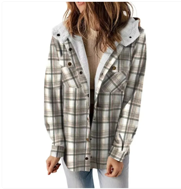 Casual Plaid Hooded Woolen Coat Thickened Fleece-lined Warm Jacket