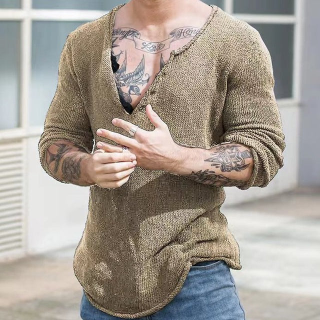 Men's V-Neck Pullover Sweater - Solid Color, Large Size | Streetwear