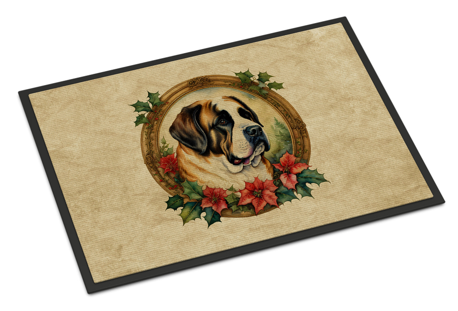 Saint Bernard Christmas Flowers Doormat