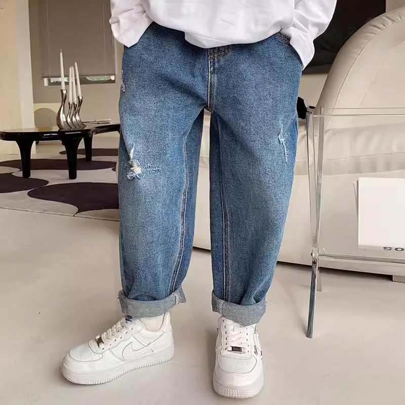 Boys' Trendy Fleece Jeans Straight Trousers
