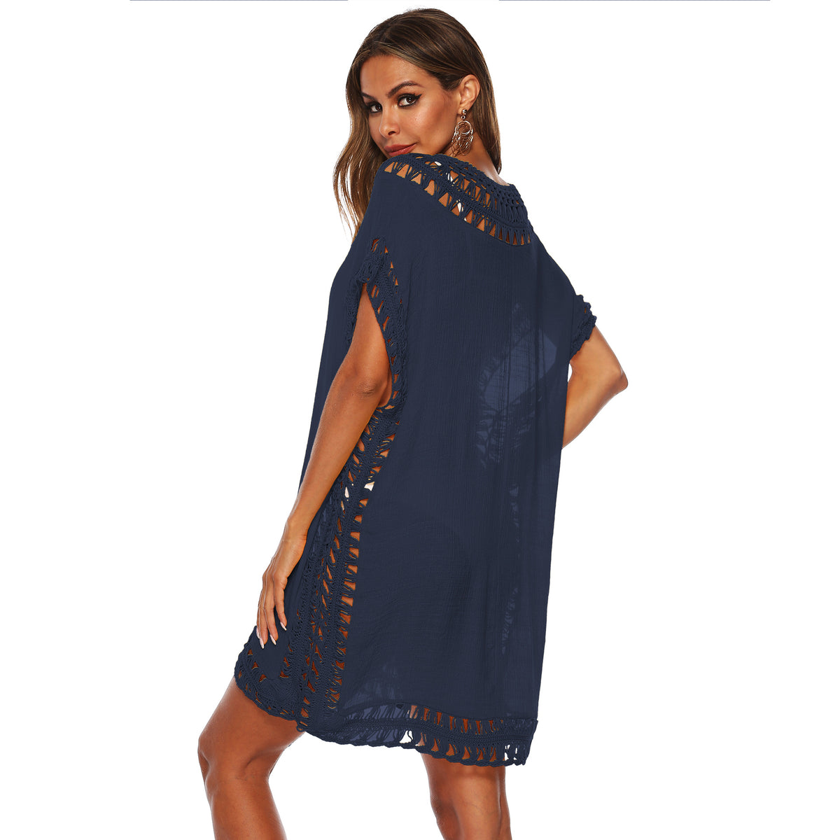 Solid Color V-Neck Crochet Beach Cover-Up Dress A1965