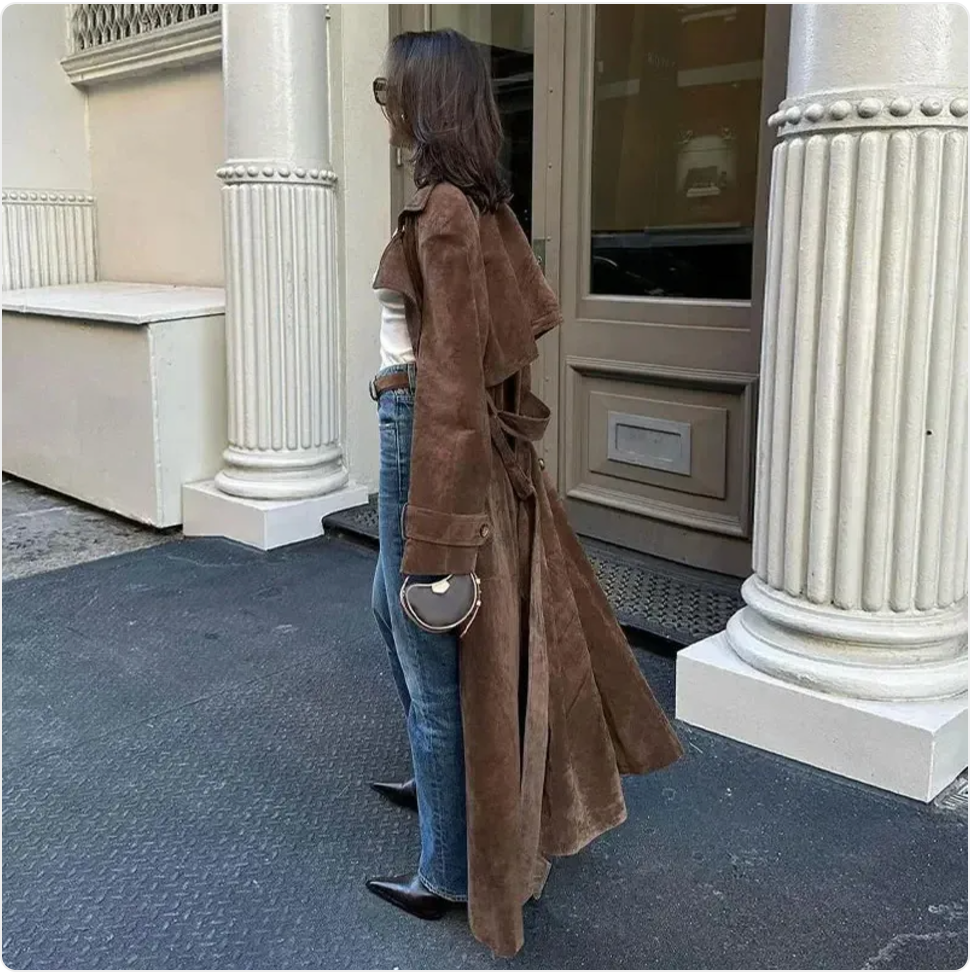 Women's Vintage Double-Breasted Suede Long Coat with Belt