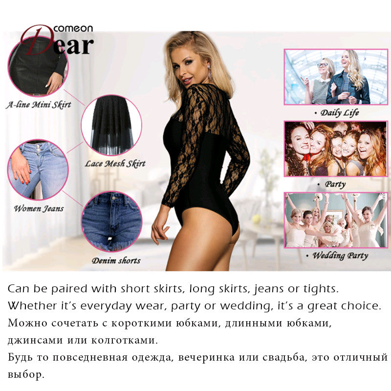Lace Black Bodysuit for Women with Long Sleeves