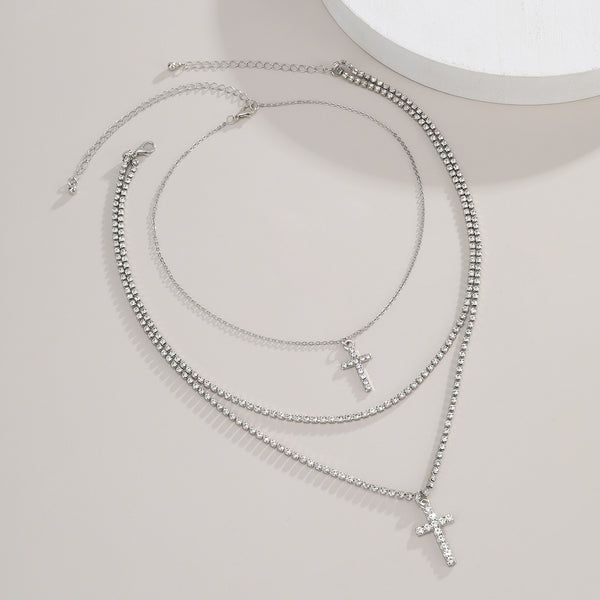 Creative Cross Necklace with Glass Rhinestones Layers