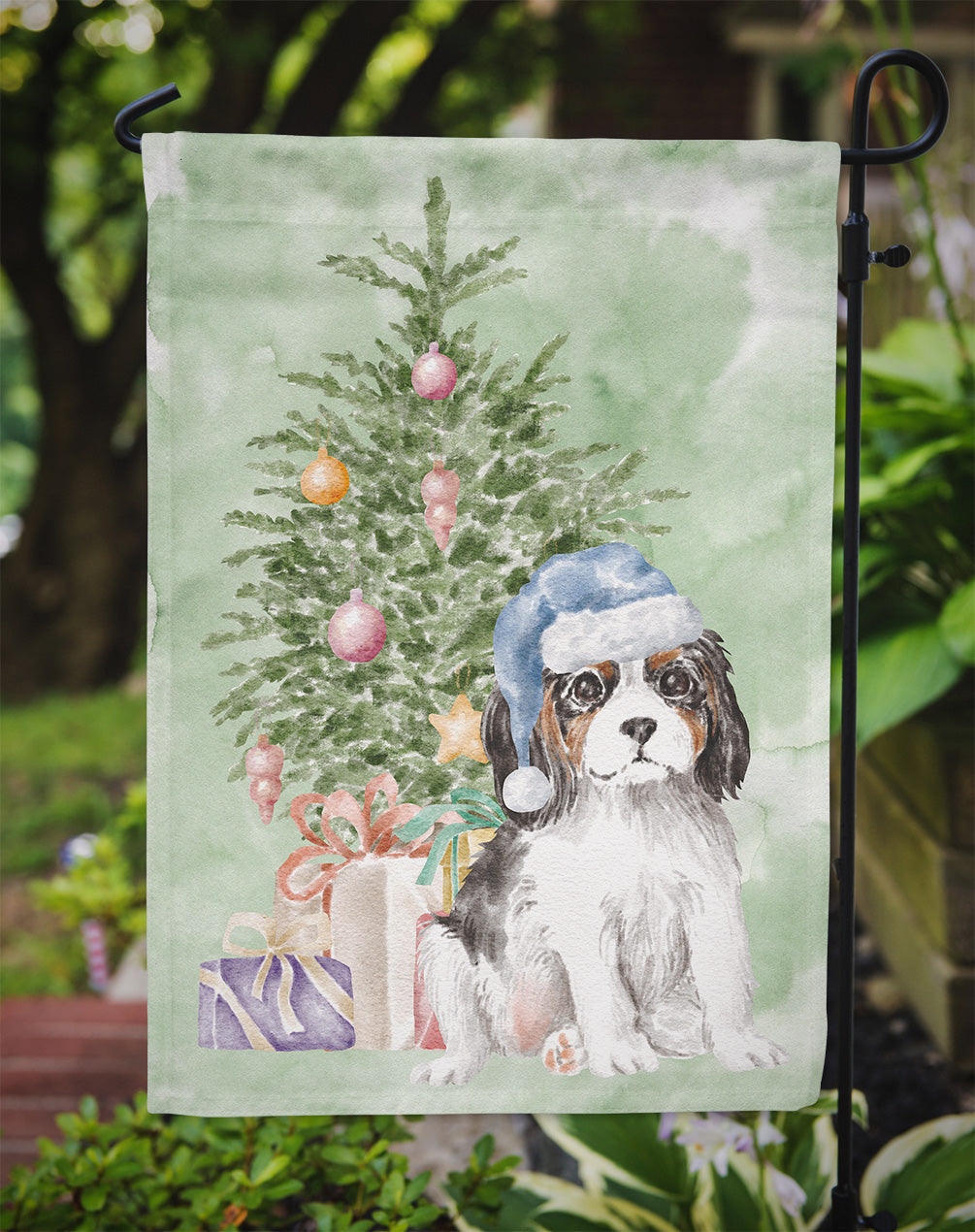 Cavalier Spaniel Tricolor Puppy Christmas Presents and Tree Garden Flag