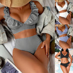 High-Waisted Women's Striped Bikini with Ruffle Straps