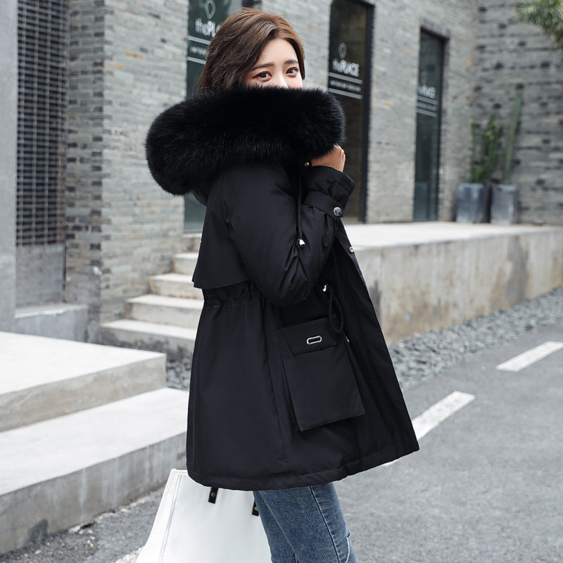 Oversized Fur Collar Plus Velvet Cotton Coat for Women
