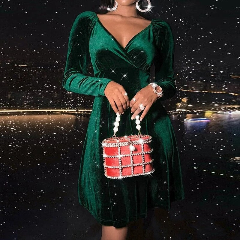 V-neck Christmas Long Sleeve Midi Dress