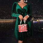 V-neck Christmas Long Sleeve Midi Dress