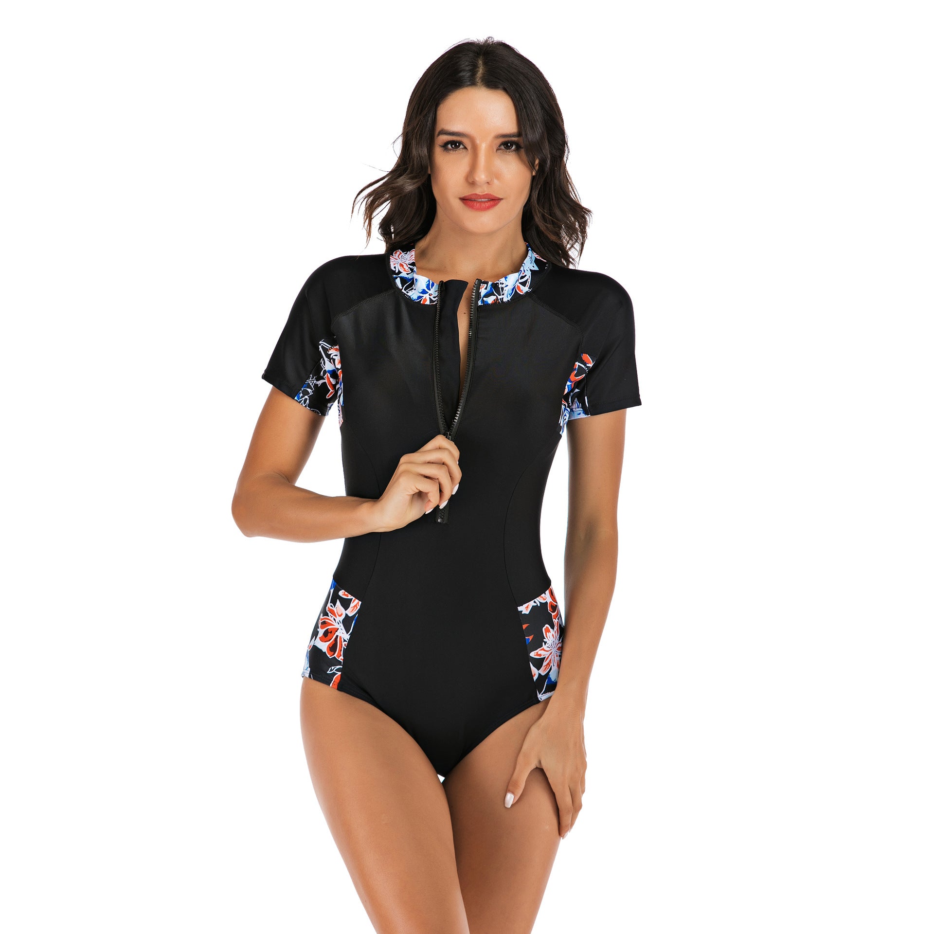 Onyx Floral One-Piece Short Sleeve Swimsuit